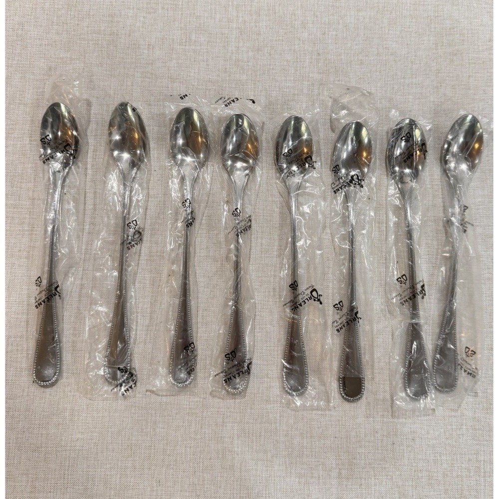 Lot Of 8 Orleans Stainless Flatware ORL9‎ Iced Tea Spoons  Beaded Edge NIB